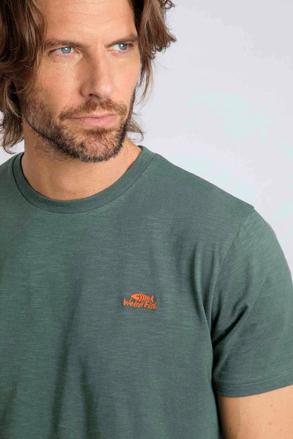 Weird Fish men's Fished plain short sleeve tee in Dusky Green with Orange embroidered logo.