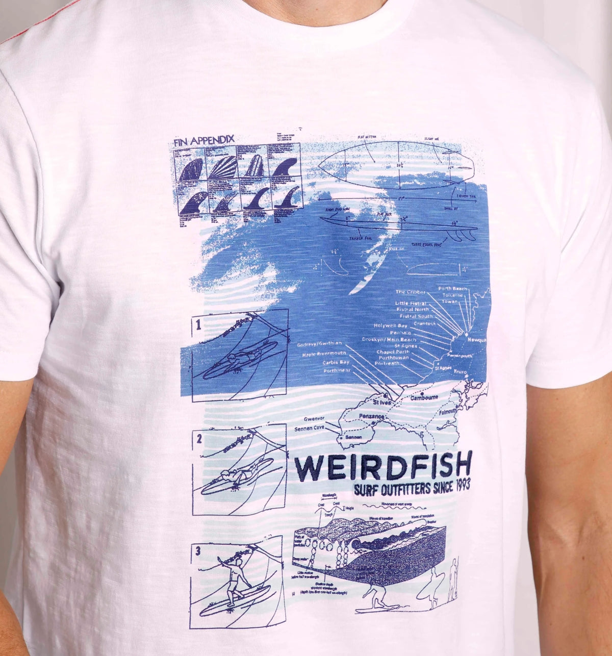 Weird Fish men's Fin short sleeve t-shirt in white with Cornwall map and surf diagram print.