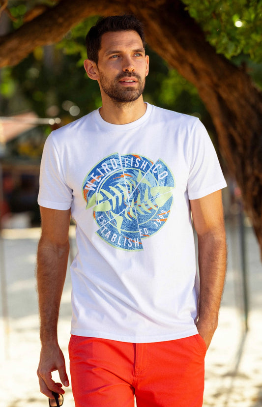 Weird Fish men's Vortex print t-shirt in White.