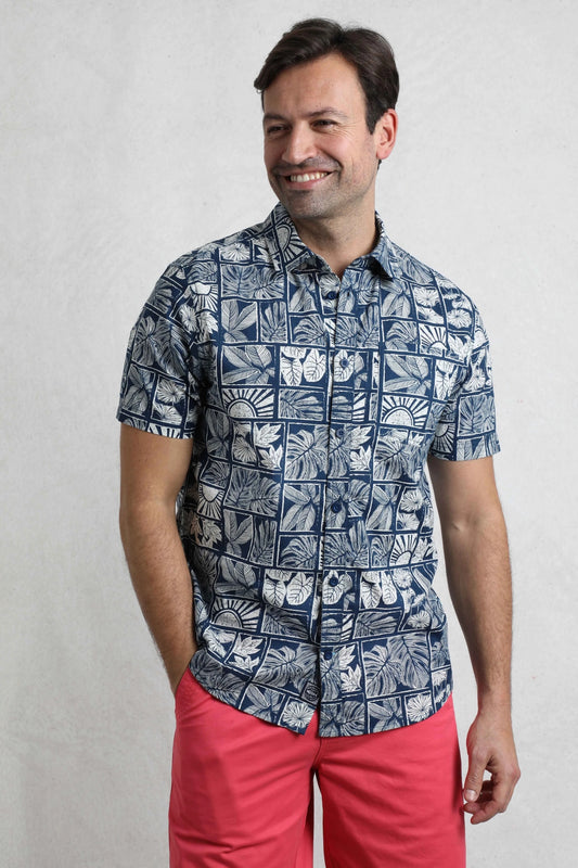 Weird Fish Mens Faraway Tropical Print Shirt - Estate Blue