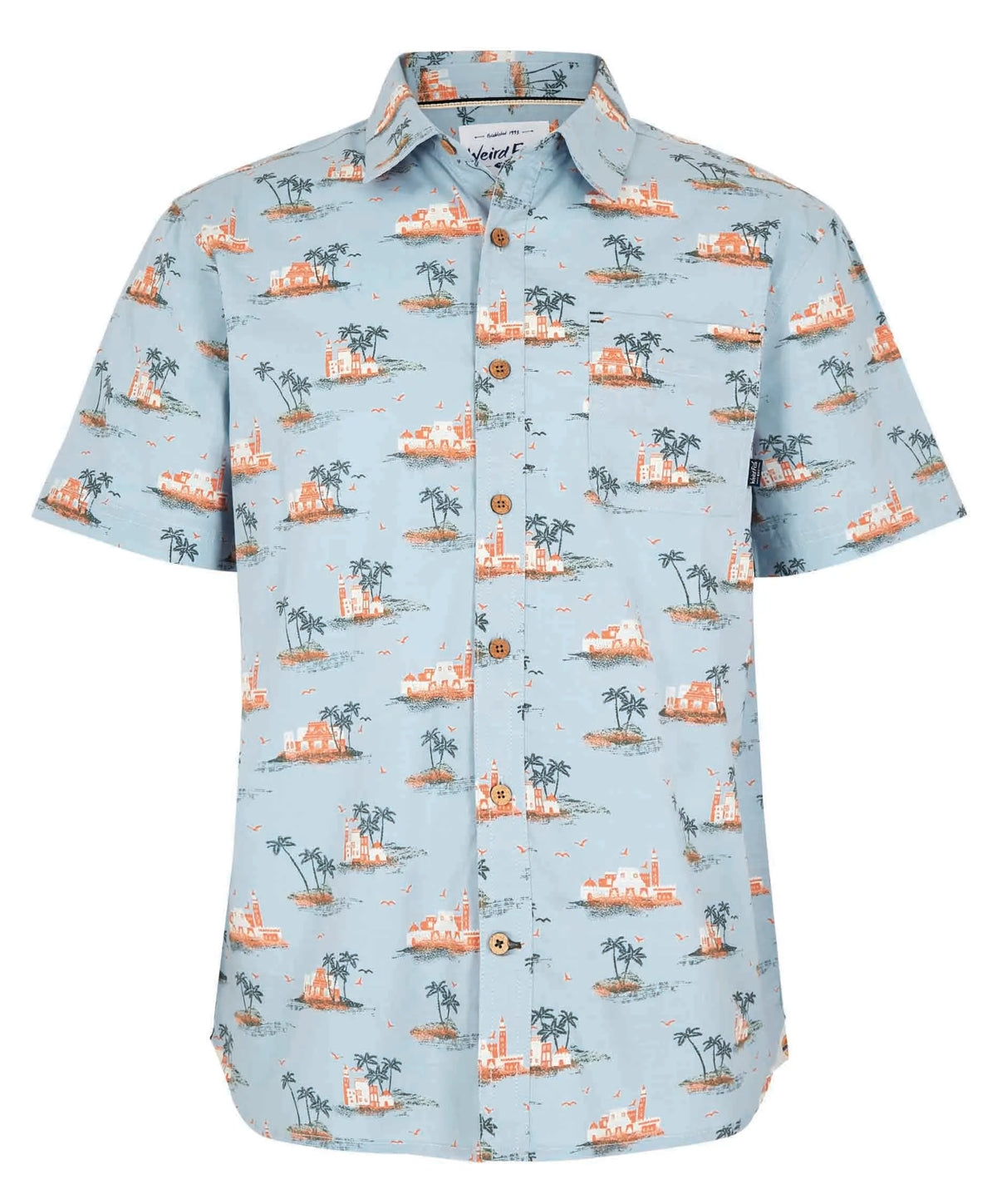 Men's short sleeve Faraway shirt from Weird Fish in Powder Blue with a tropical island print.