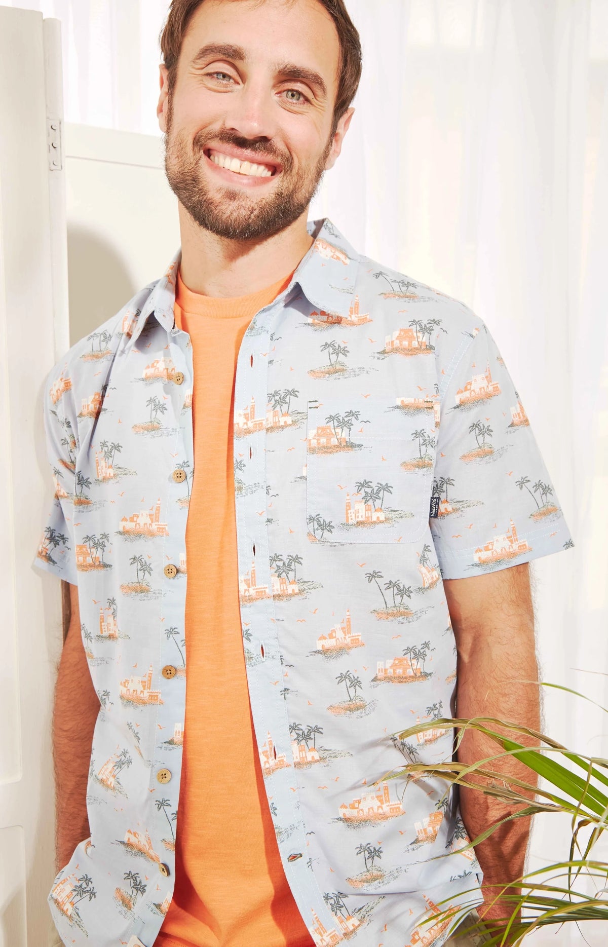 Weird Fish men's Faraway tropical island print shirt in Powder Blue.