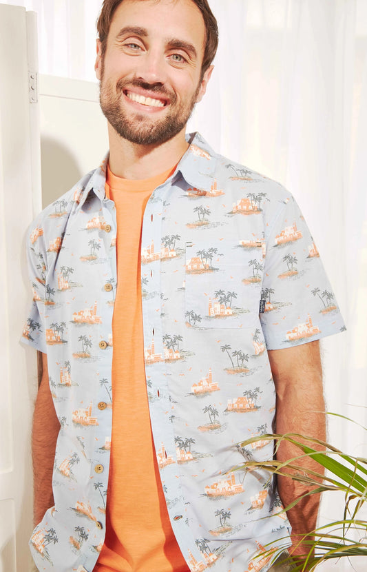 Weird Fish men's Faraway tropical island print shirt in Powder Blue.