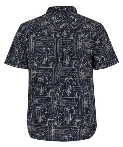 Paddle and surfboard print button through short sleeve men's Faraway shirt from Weird Fish.