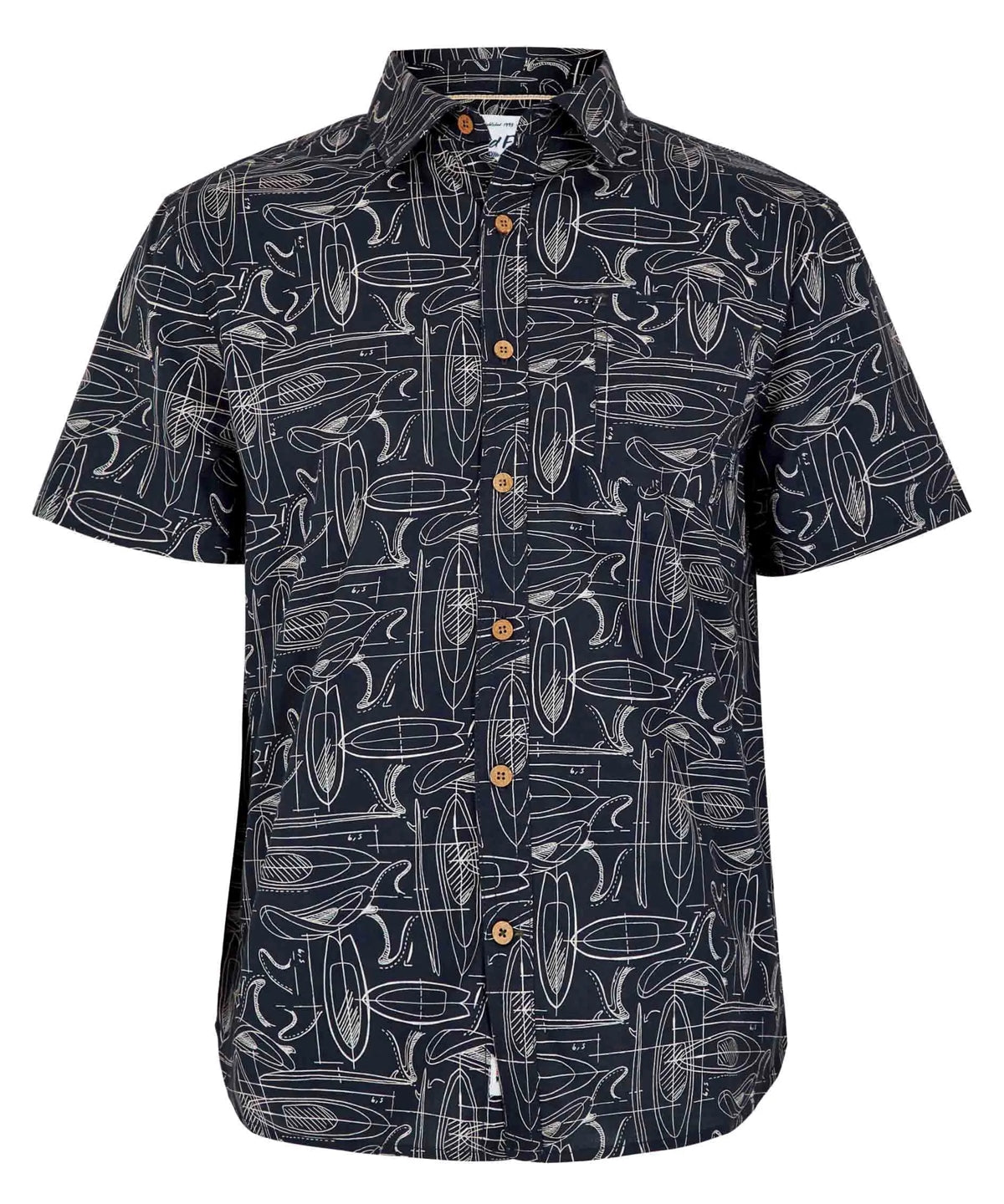 Weird Fish men's Faraway button down short sleeve shirt in Dark Navy with a linear paddle and surfboard print.