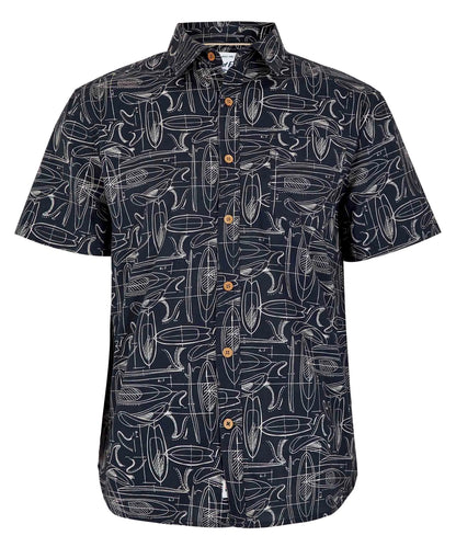 Weird Fish men's Faraway button down short sleeve shirt in Dark Navy with a linear paddle and surfboard print.