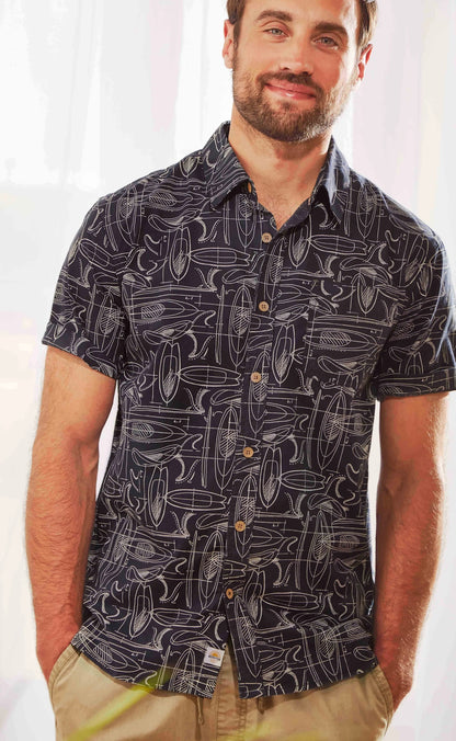 Men's short sleeve Faraway shirt from Weird Fish in Dark Navy with a paddleboard and surfboard print.