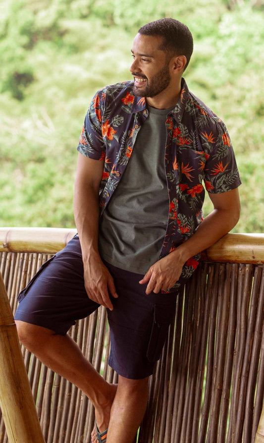 Weird Fish men's Faraway tropical floral print shirt in Navy.