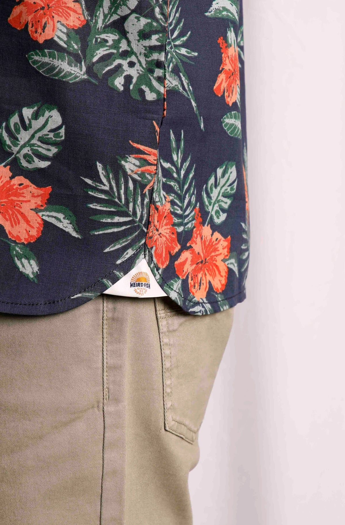 Weird Fish men's Navy tropical floral print shirt with side logo tape detail.