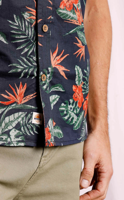 Navy Weird Fish short sleeve shirt with an orange and green tropical floral print.