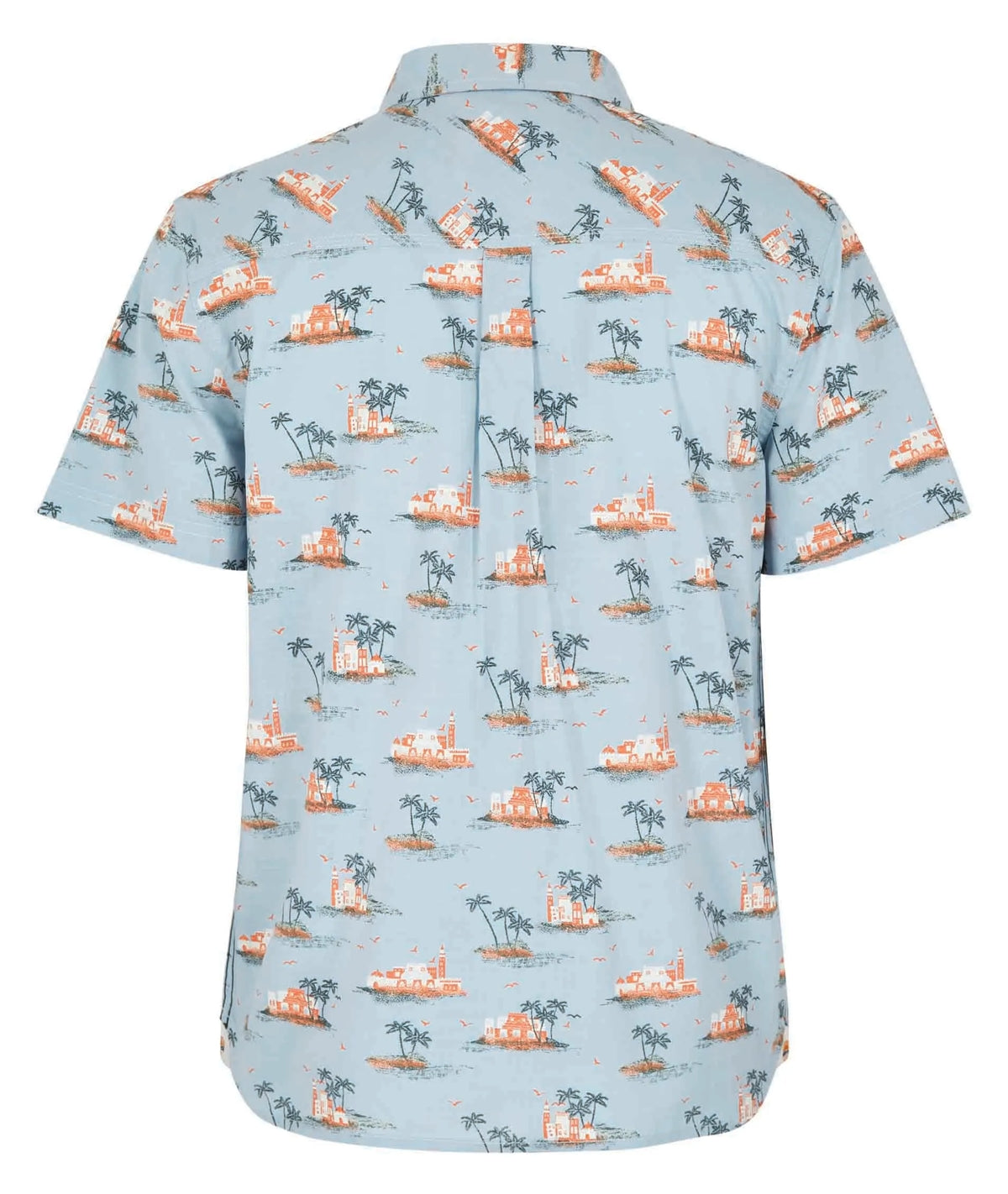 Tropical island print mens short sleeve shirt from Weird Fish in Powder Blue.