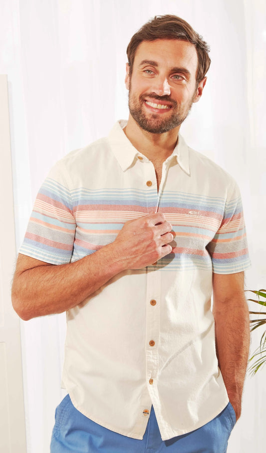 Weird Fish men's Bowfell short sleeve stripe chest pattern shirt in Dusty White.