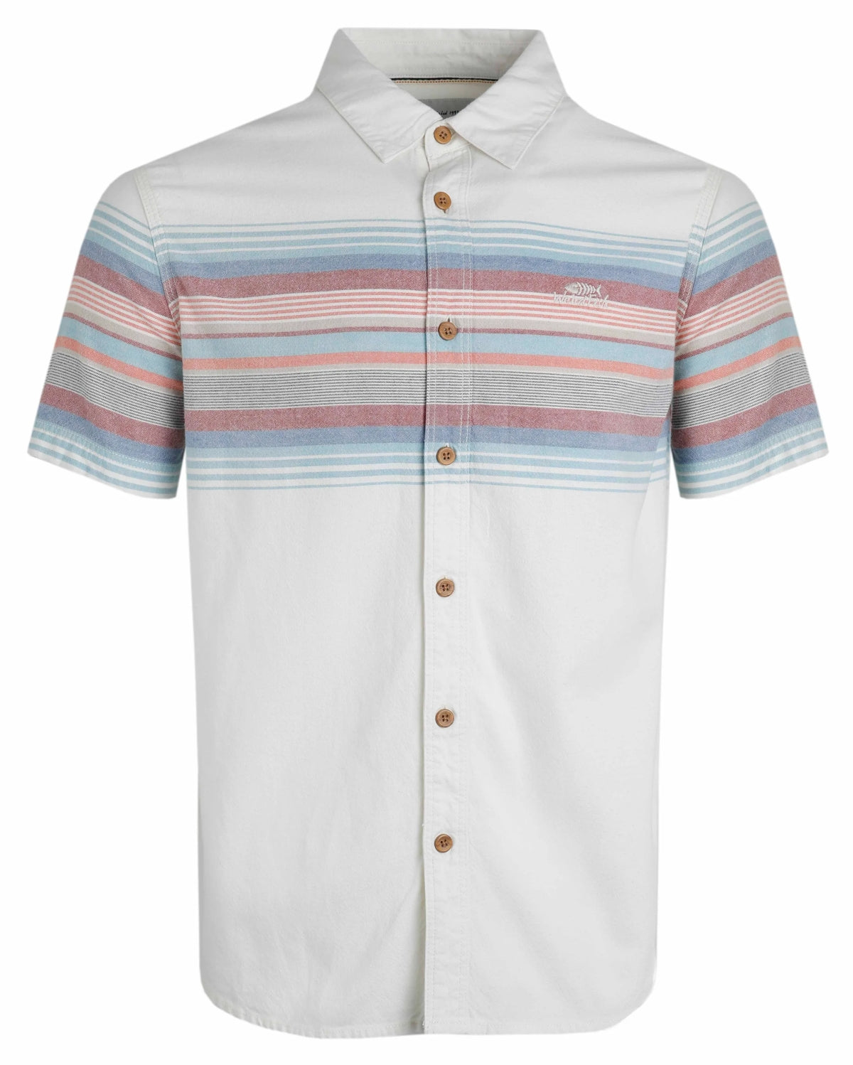 Men's Bowfell button through short sleeve shirt in Dusty White with stripe chest pattern.