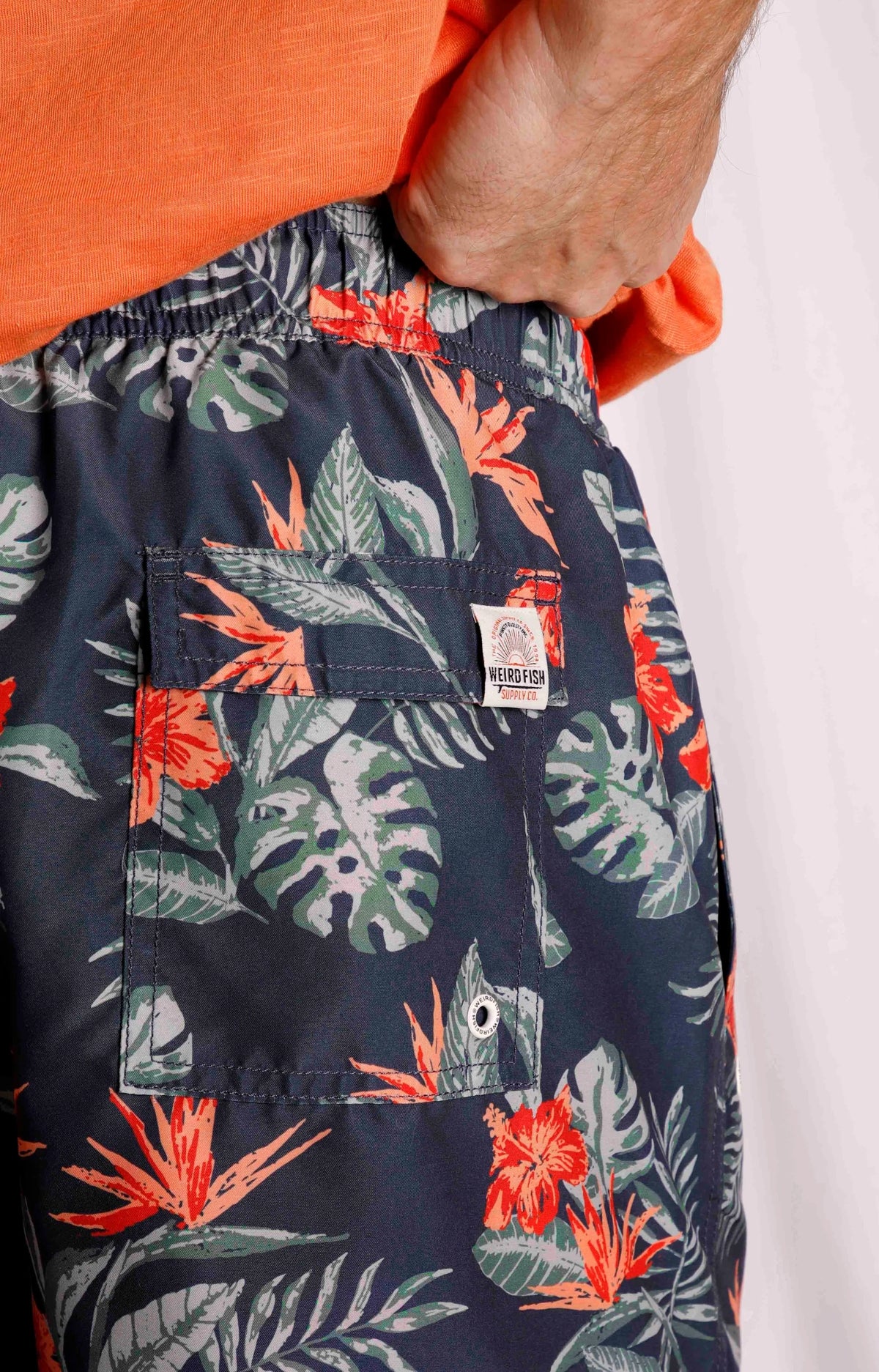 Men's Belukha Weird Fish swim shorts in Navy with Velcro back pocket.