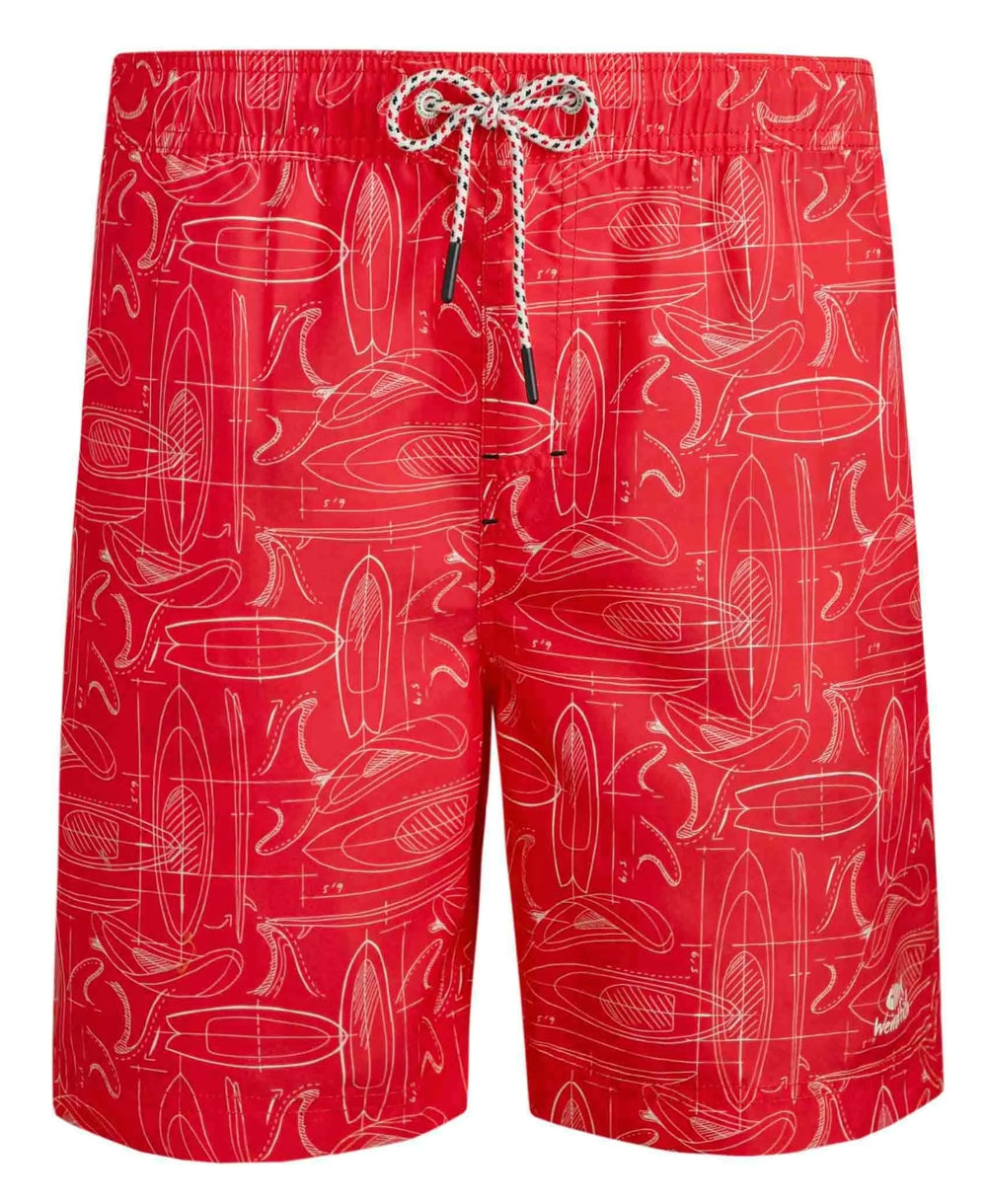 Weird Fish men's Belukha surf print swim shorts in Radical Red.
