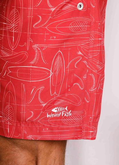 Weird Fish mens printed Belukha surfboard print swim shorts in Radical Red with printed logo on the leg.