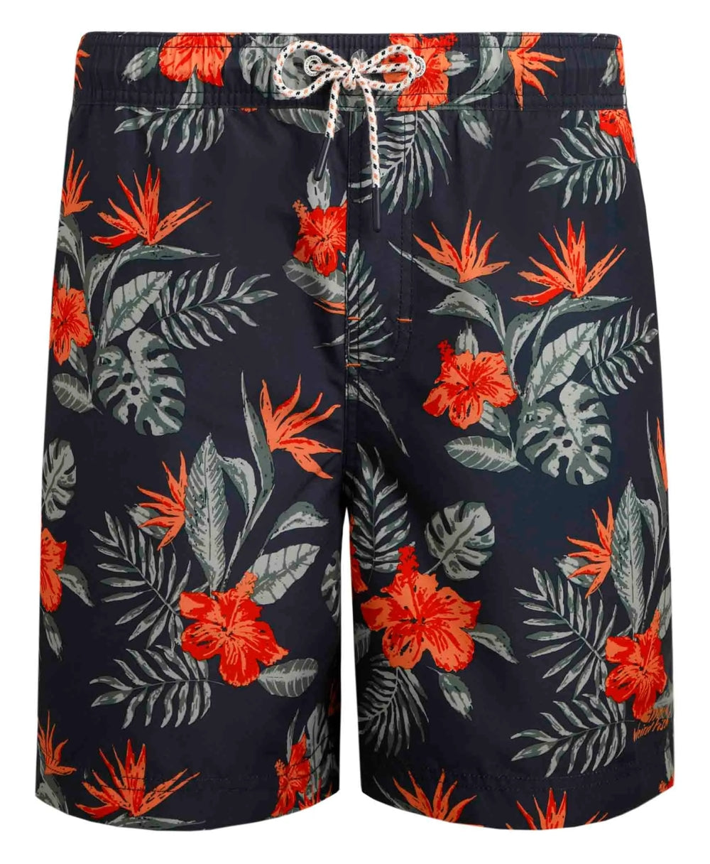 Men's Weird Fish Belukha elastic waist swim shorts in Navy with an orange and green tropical floral pattern.
