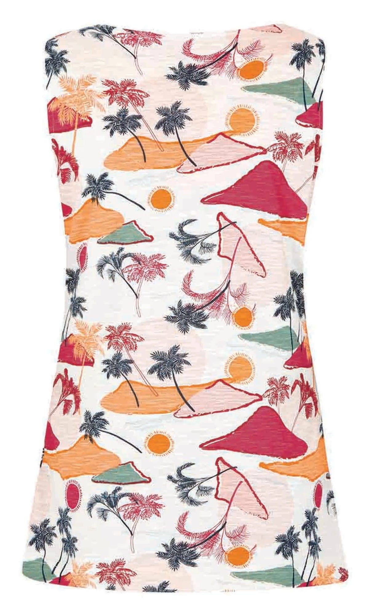 Printed women's Sonora vest from Weird Fish in Ecru with a multicoloured tropical pattern.