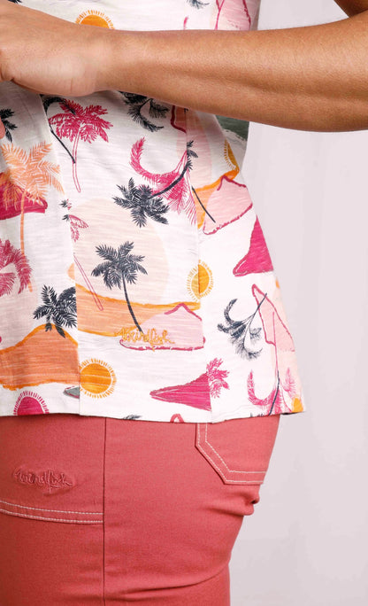Weird Fish women's tropical print Sonora vest with embroidered logo by the hem.