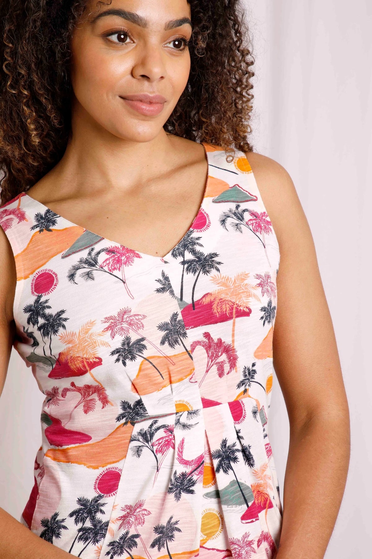 Women's Sonora jersey vest from Weird Fish in Ecru with a tropical print.