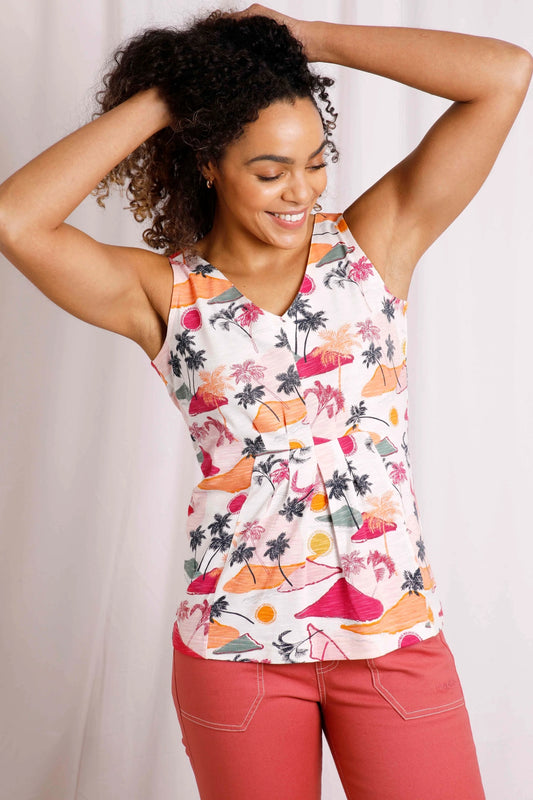 Ecru with a tropical style print women's Sonora vest from Weird Fish.