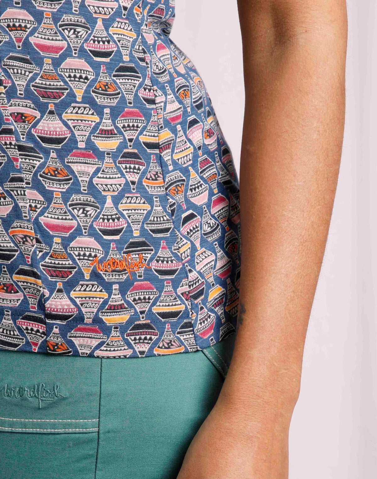 Weird Fish women's tagine print Sonora vest with embroidered logo by the hem.