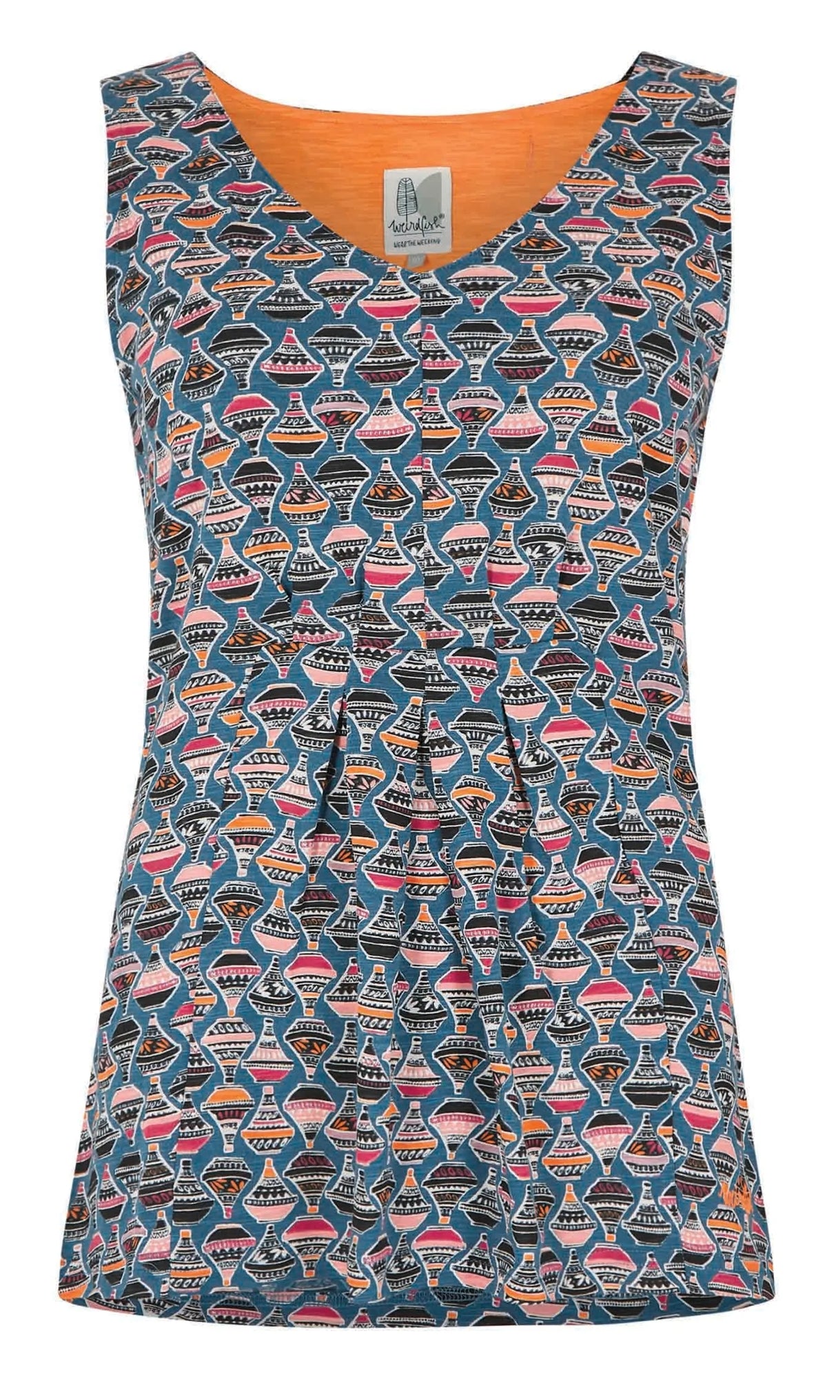 Women's mid blue Sonora v-neck vest from Weird Fish with a multicoloured tagine print.
