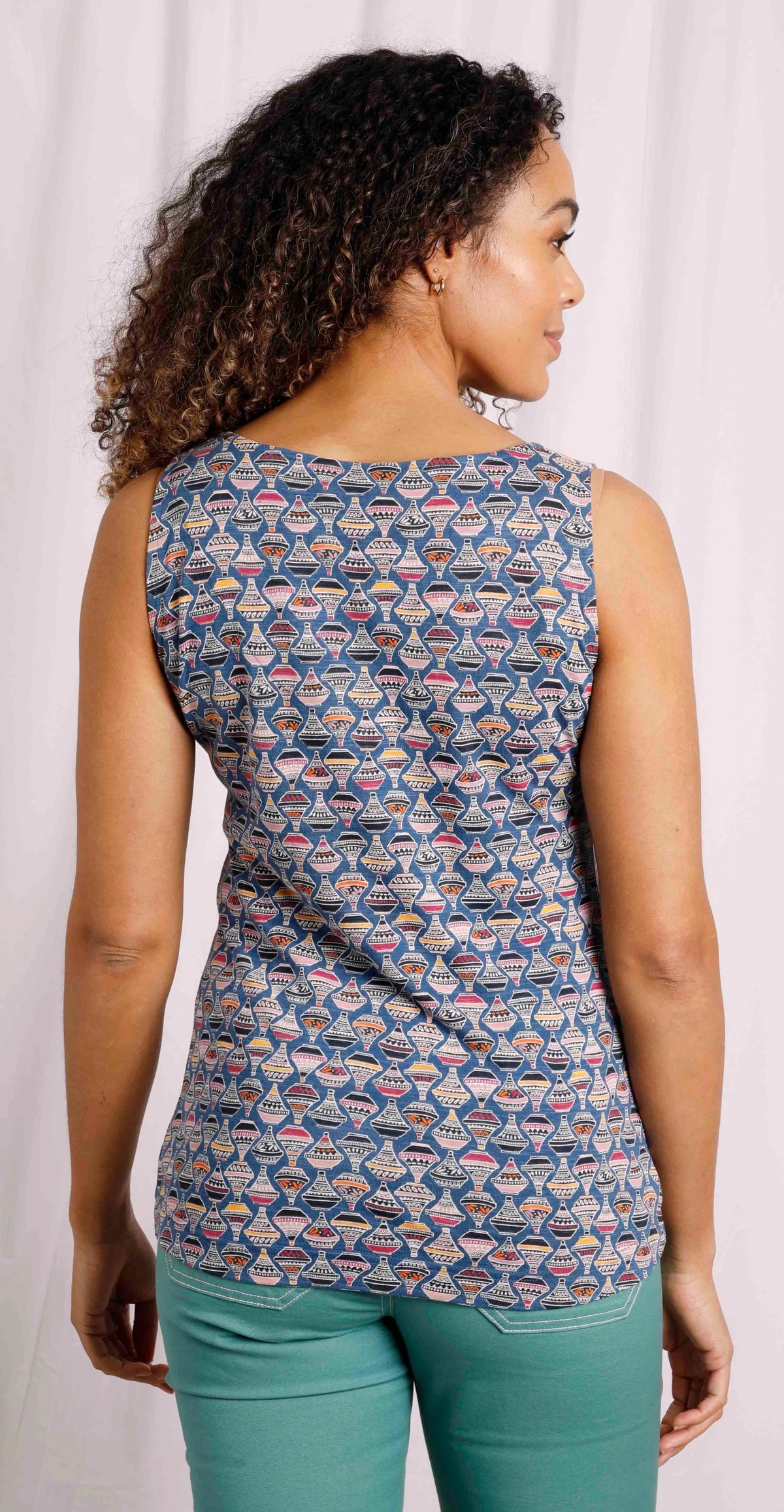 Women's Sonora jersey vest from Weird Fish in Mid Blue with a multicoloured Moroccan style tagine print.
