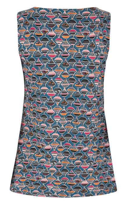 Printed women's Sonora vest from Weird Fish in Mid Blue with a multicoloured Moroccan tagine pattern.