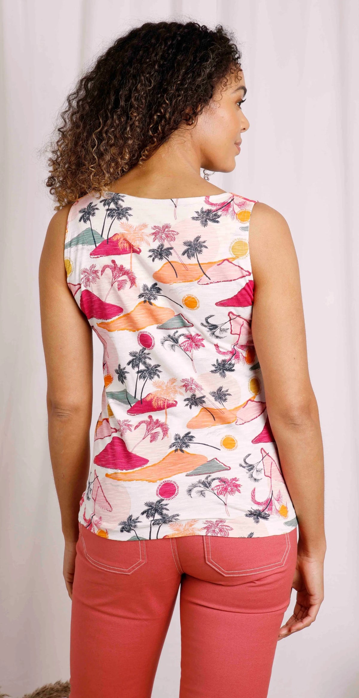 Ecru with a tropical style print women's Sonora vest from Weird Fish.