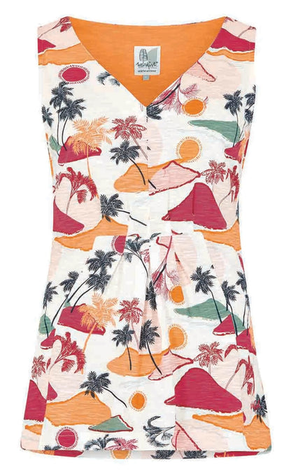 Women's Ecru Sonora v-neck vest from Weird Fish with a multicoloured tropical print.