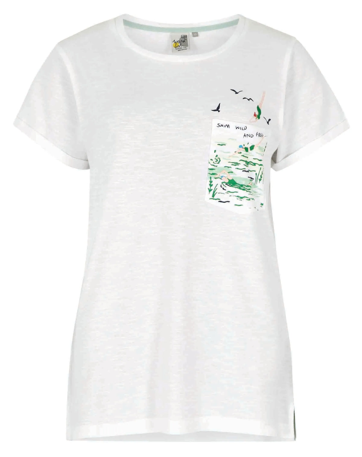 Women's Wild Swimmmers t-shirt from Weird Fish in white with swimmer print diving into the pocket.