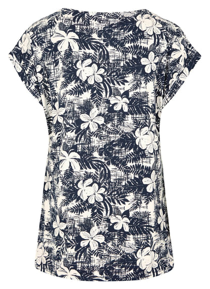 Weird Fish women's Paw Paw short sleeve t-shirt with a dark denim blue and white floral print.