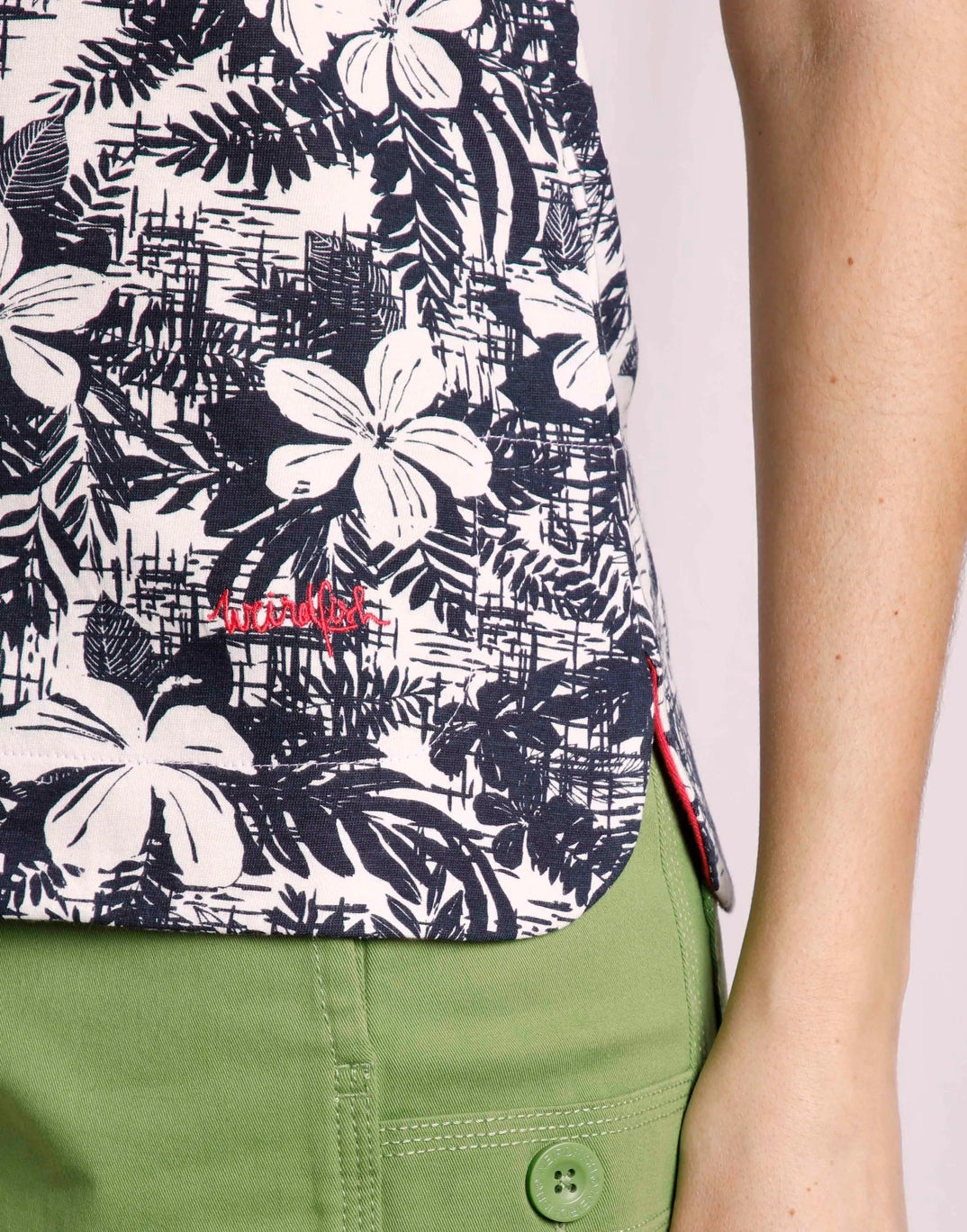 Women's Paw Paw tee from Weird Fish in Dark Denim floral print with curved side seam hems.