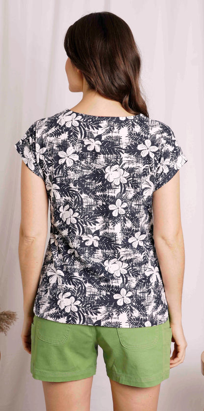 Women's Paw Paw short sleeve tee from Weird Fish in Dark Denim Blue with a White floral print.