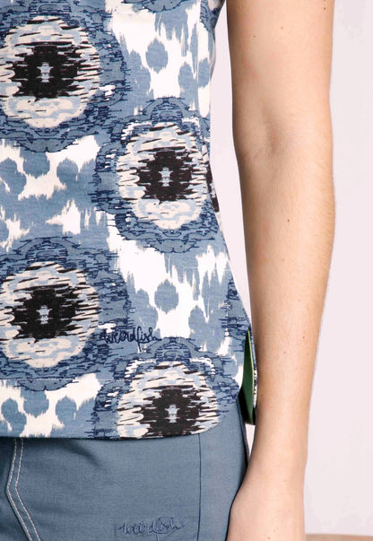 Women's Paw Paw tee from Weird Fish in Pale Denim Blue circular print with curved side seam hems.