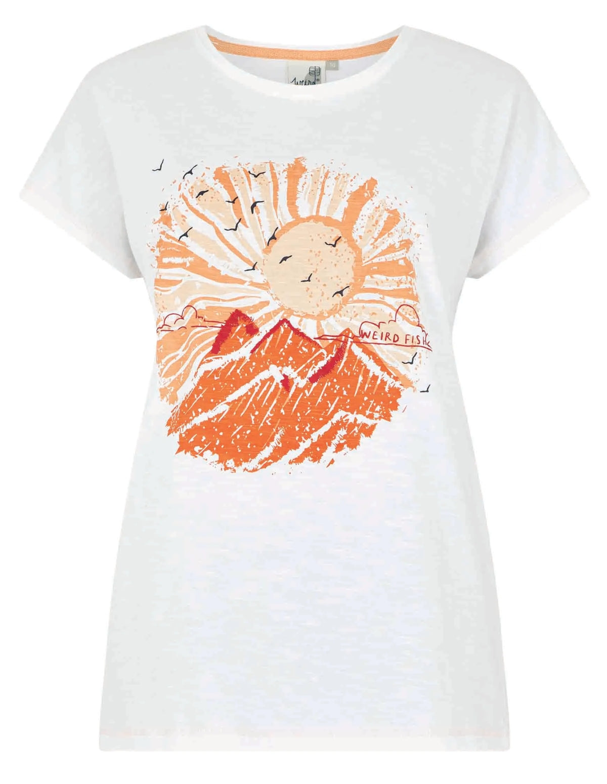 Short sleeve women's Sundown t-shirt from Weird Fish in White with orange print.
