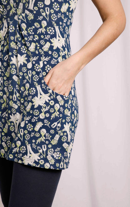 Weird Fish women's Indus jersey tunicin Ensign Blue with a tropical print and front pockets.