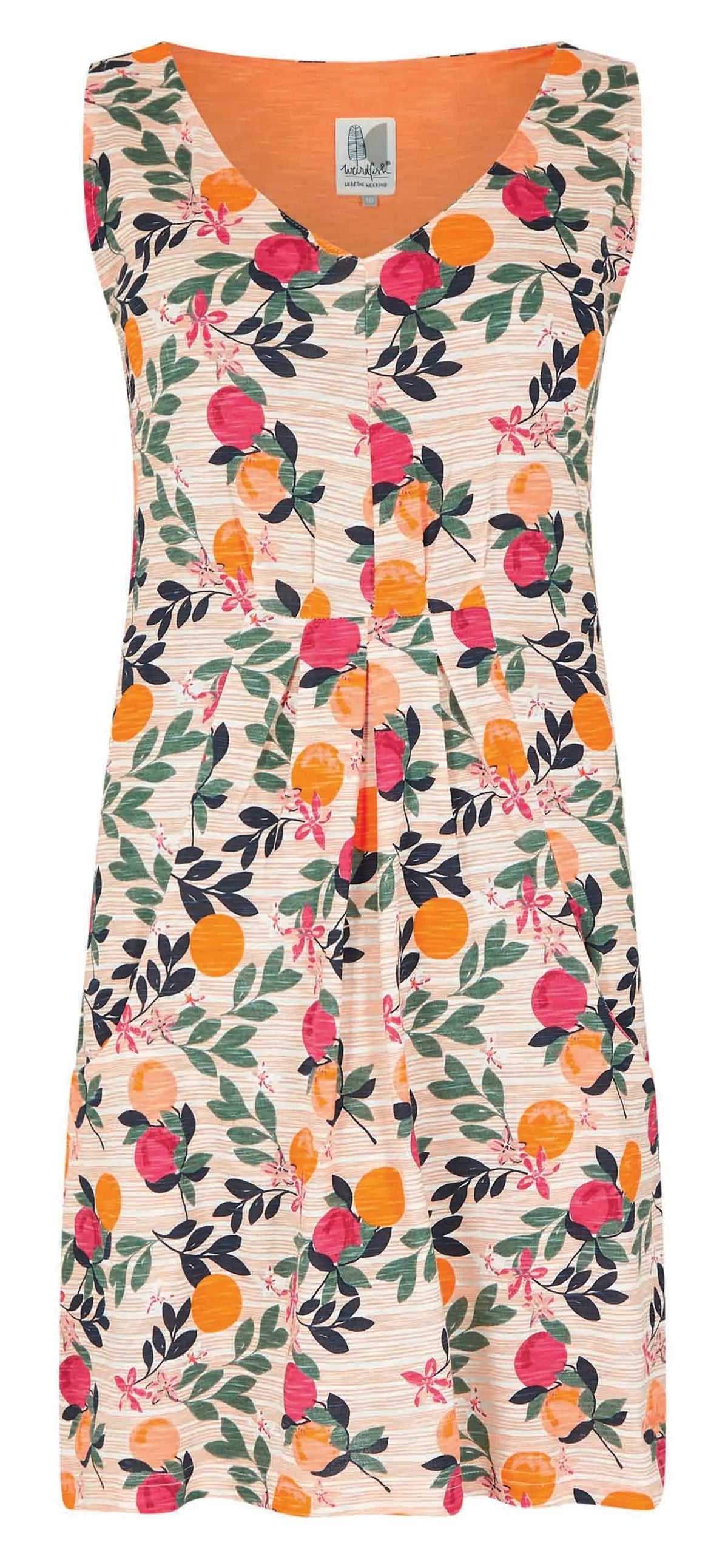 WWeird Fish women's Indus sleeveless v-neck jersey tunic in a bright Cantaloupe fruit and leaf pattern.