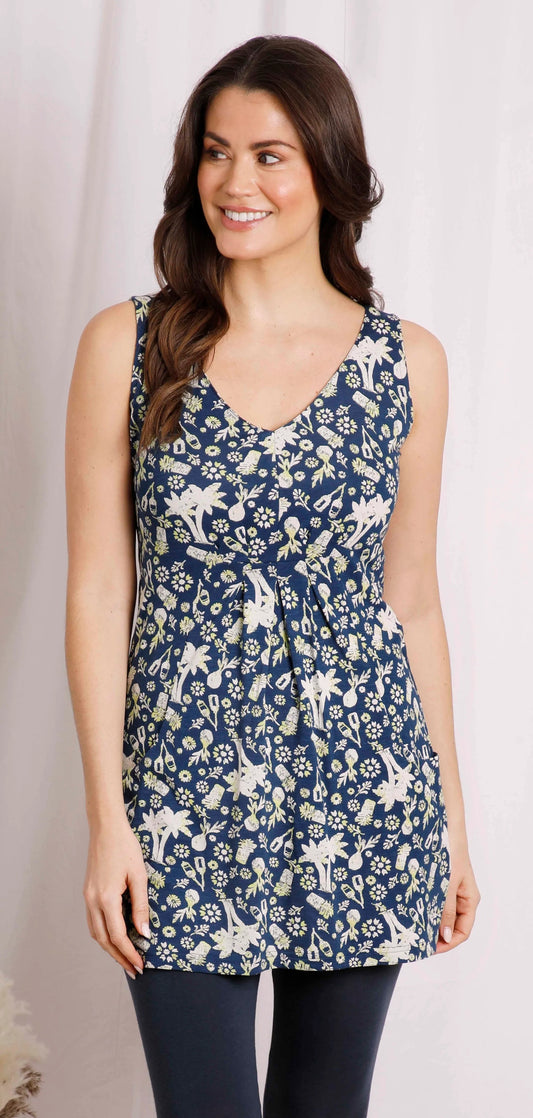 Weird Fish women's Indus sleeveless jersey tunic in Ensign Blue with a tropical print.