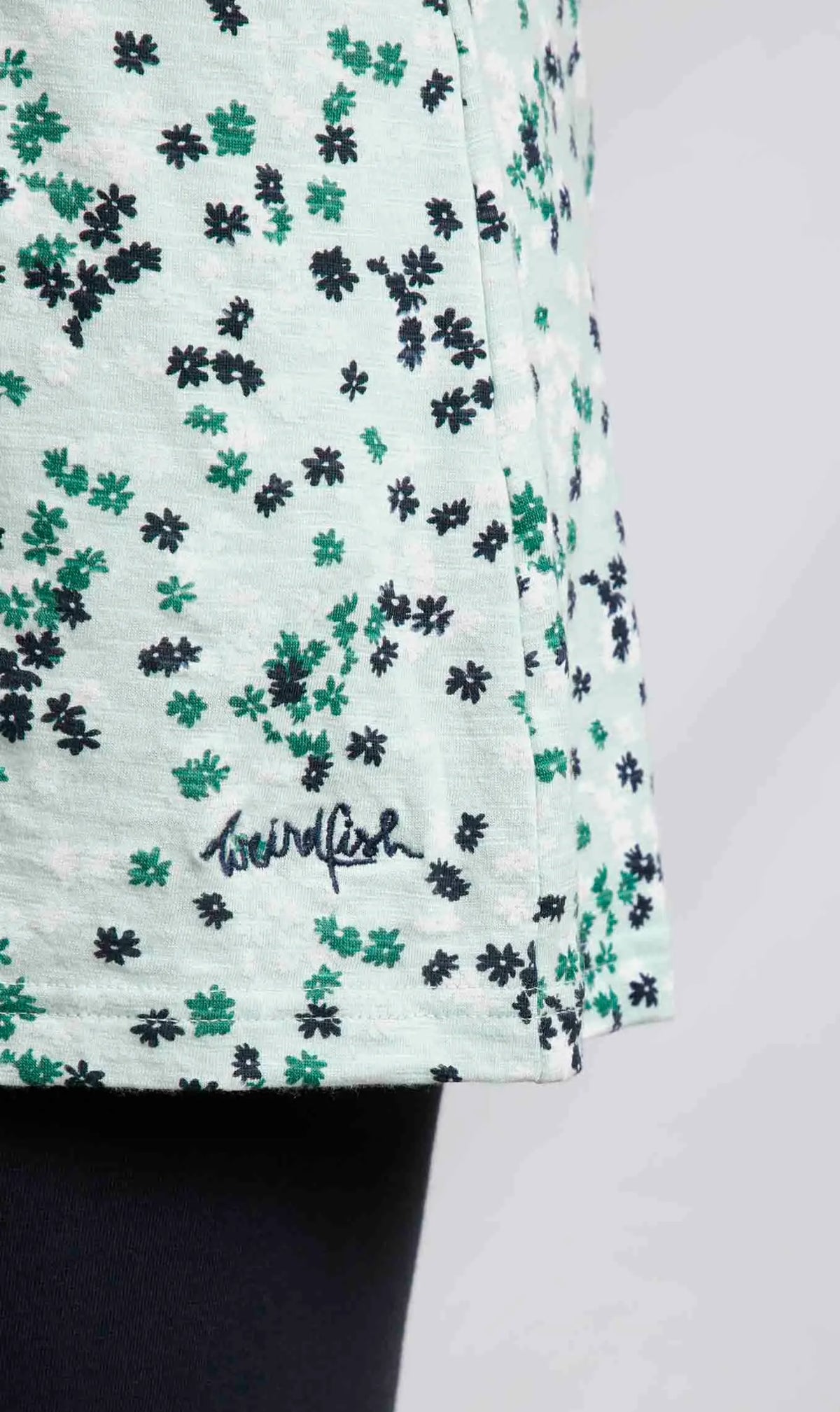 Weird Fish women's Indus sleeveless v-neck jersey tunic in a Mint Green with a ditsy floral pattern.