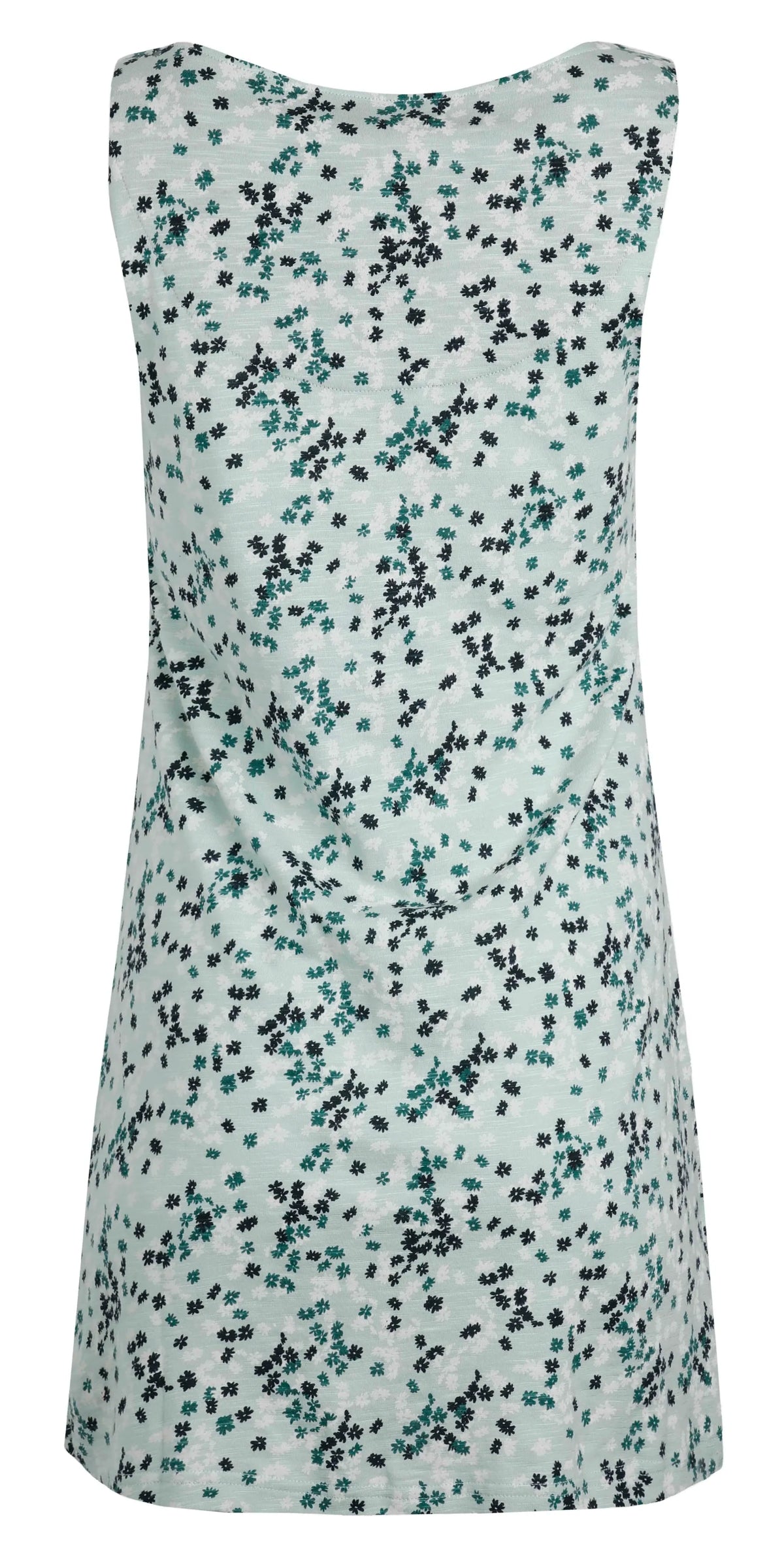 Women's Indus sleeveless jersey tunic from Weird Fish in a pale Mint Green with a ditsy floral print.