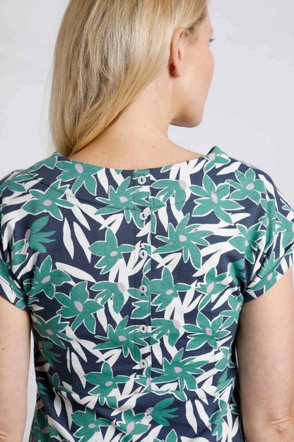 Weird Fish women's Tallhassee ccotton jersey dress in a Dark Jade Green pattern with buttons down the back.