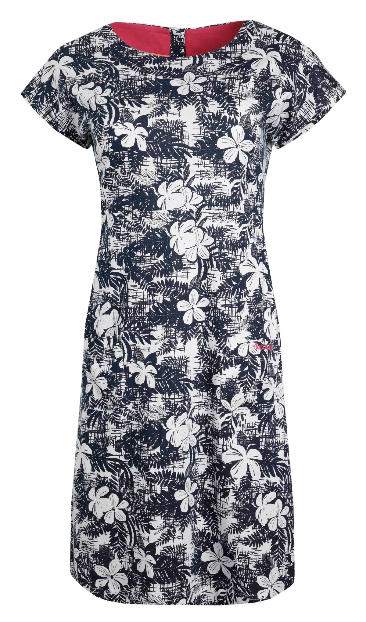 Short sleeve women's Tallahassee dress from Weird Fish in Dark Denim Blue with a White floral pattern.