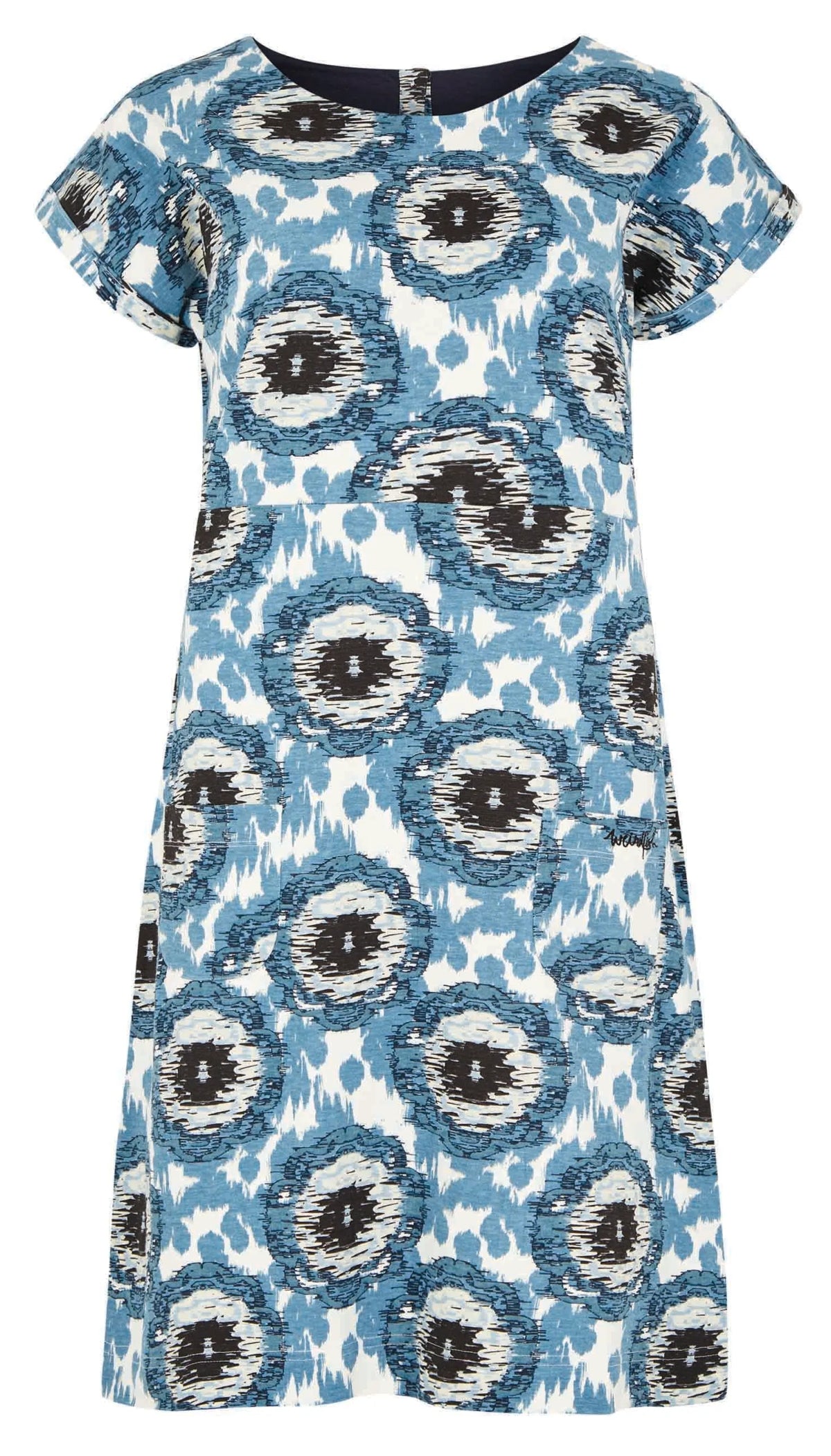 Women's Tallahassee cotton jersey dress from Weird Fish in a Pale Denim Blue circle pattern and front pockets.