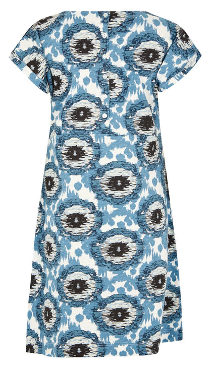 Weird Fish women's Tallhassee ccotton jersey dress in a Pale Denim Blue circle pattern with buttons down the back.