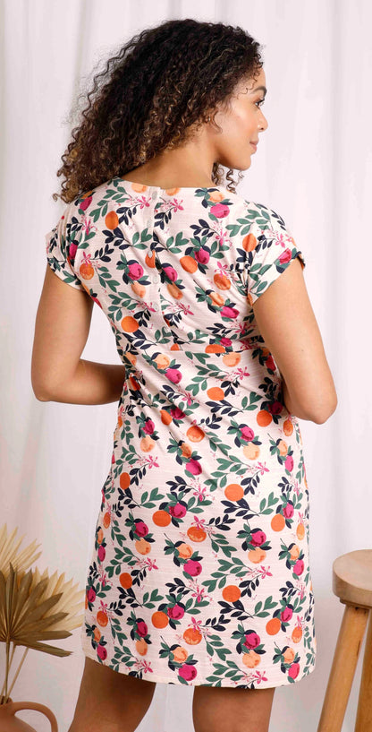 Women's Tallahassee short sleeve jersey dress from Weird Fish with a Cantaloupe fruit and leaf pattern.