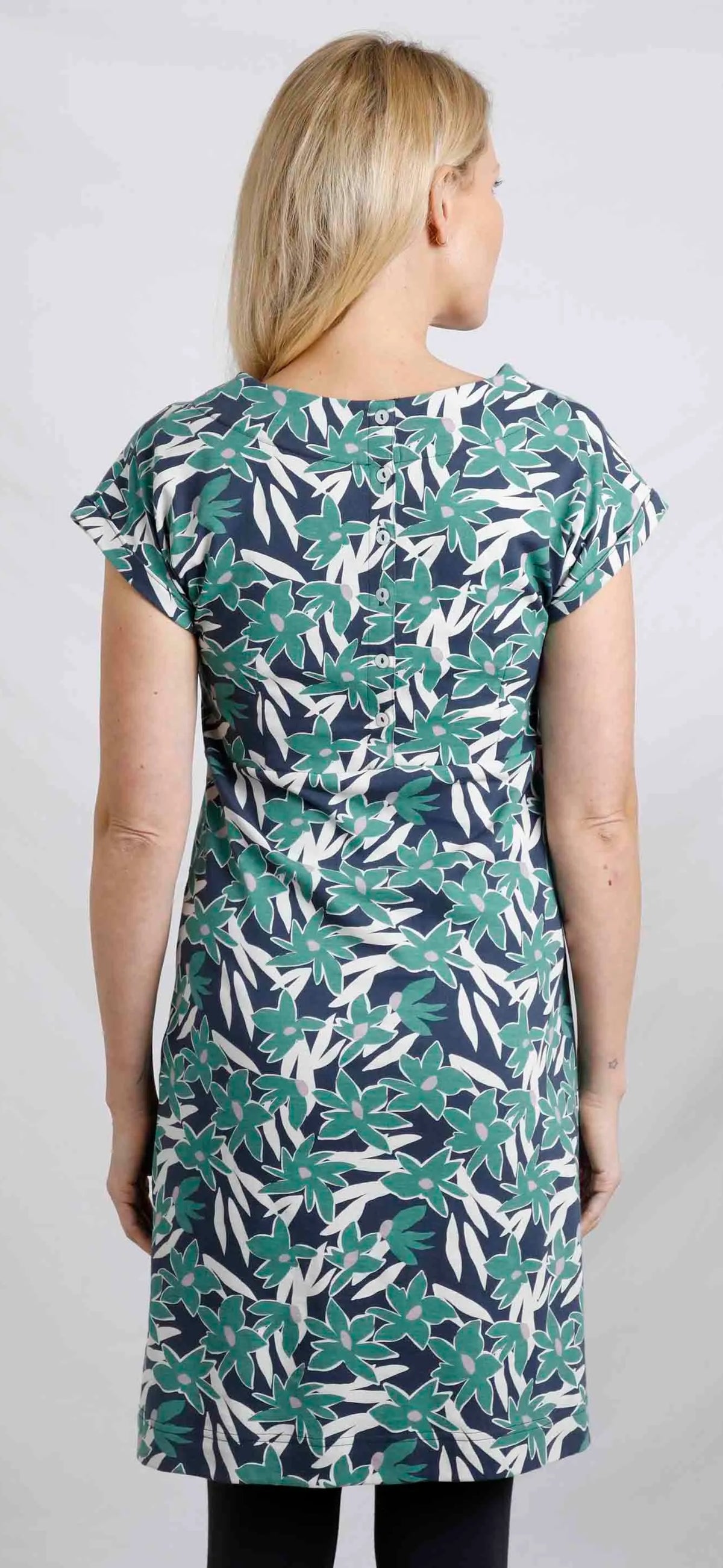 Women's Tallahassee short sleeve jersey dress from Weird Fish in a Dark Jade Green floral pattern.