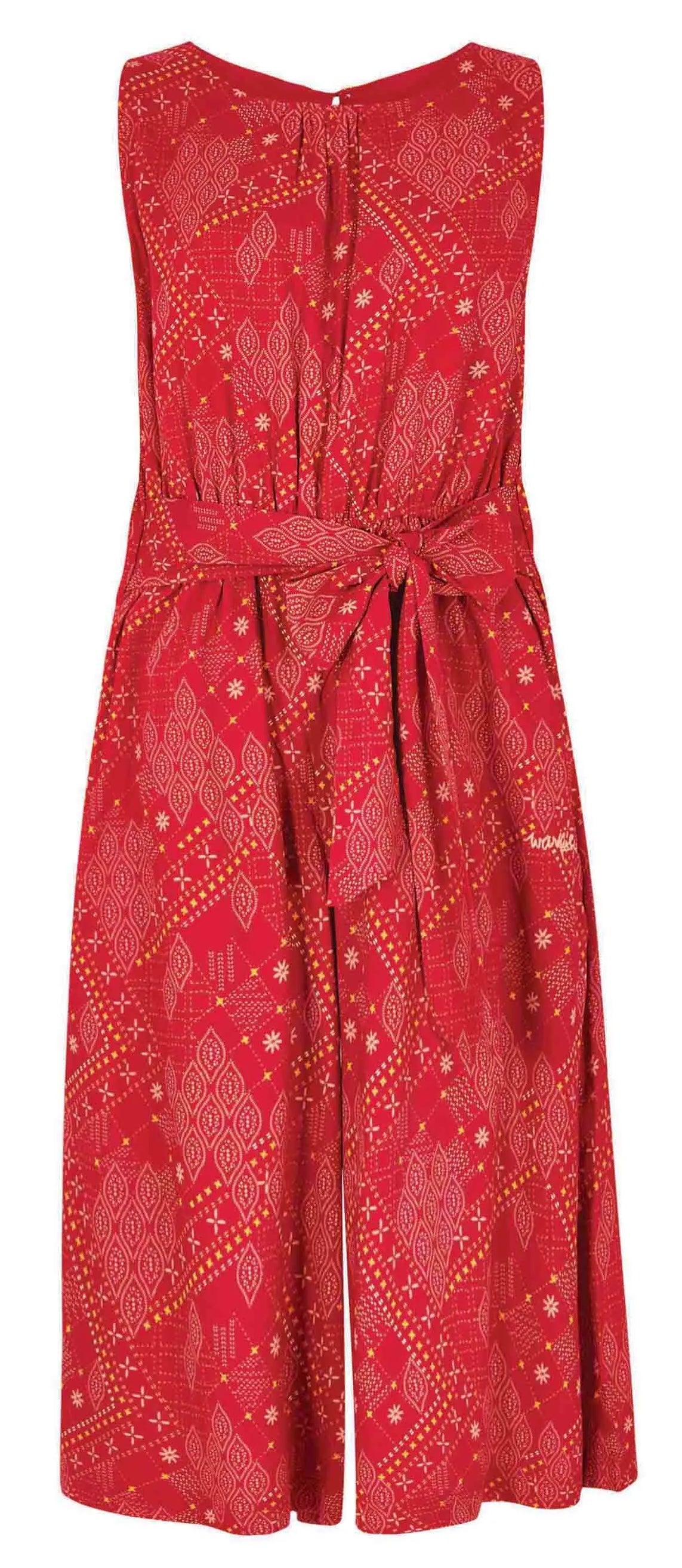 Weird Fish women's Nalani viscose jumpsuit in Chilli Red with a Moroccan style pattern with tie waist and hip pockets.