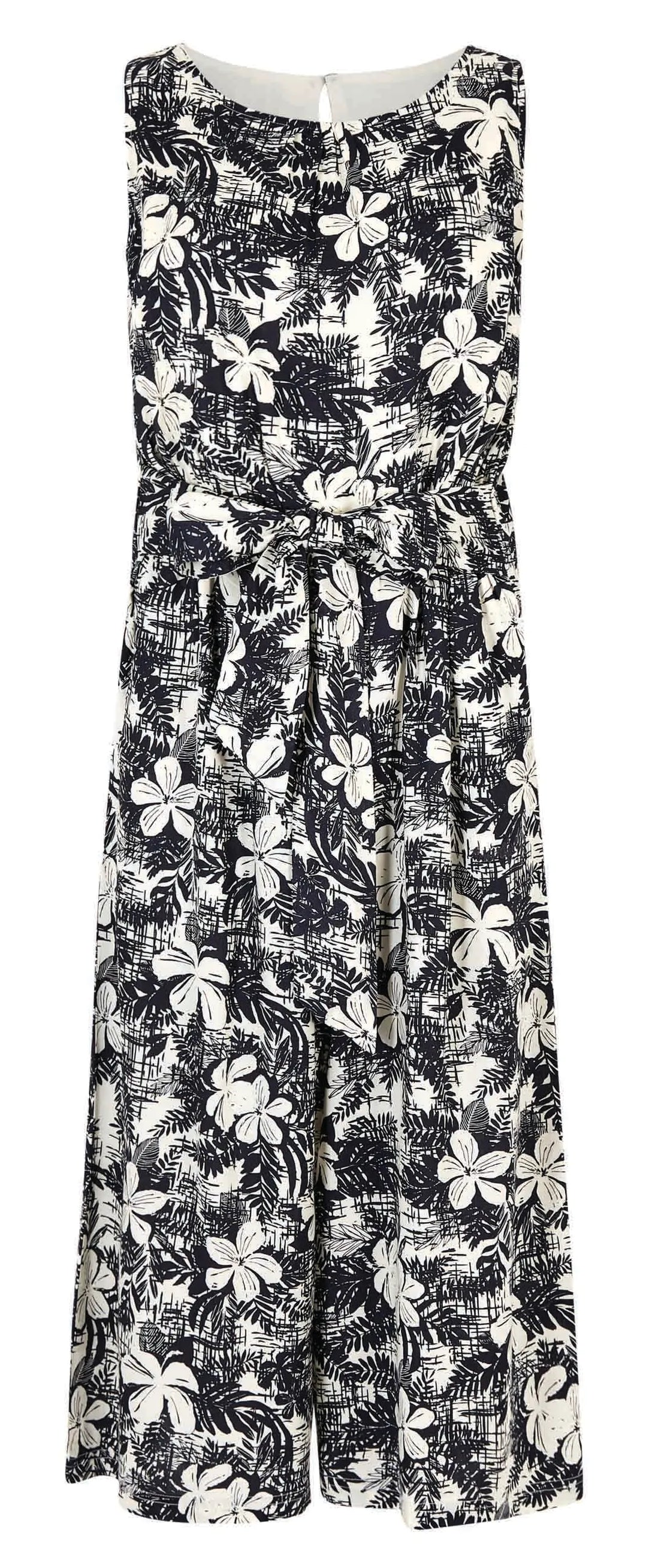 Women's sleeveless, wide legged viscose Nalani jumpsuit from Weird Fish in a Dark Denim Blue and White floral print.